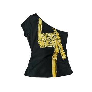Vintage Rocawear Black Yellow One Shoulder Top XL Stylish Evening 90s Y2K Sexy